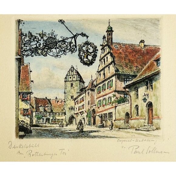 Hand Colored ETCHING Signed PAUL SOLLMANN Dinkelsbühl ROTHENBURG Germany 7/44 - Picture 1 of 6